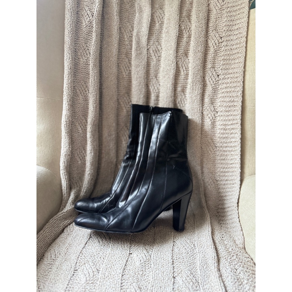 Antonio Melani Black Leather Seam Detail Block Heel Ankle Boots Size 10M